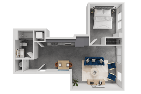 Floor plan for 1 bed, 1 bath, 636 sqft